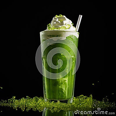 a green drink with whipped cream and a straw Stock Photo