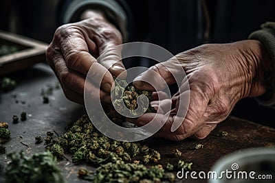 green dry cannabis bud in hand generative ai Stock Photo