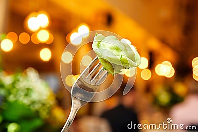 Green dumplings on a fork on color background Stock Photo