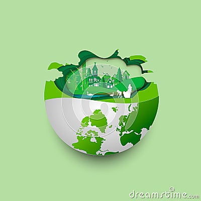 Green earth of eco friendly city and urban forest landscape abstract background.Renewable energy for ecology and Vector Illustration