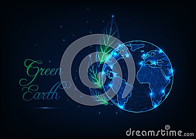 Green Earth ecology concept with glowing low poly planet Earth globe, leaves,stars and text Cartoon Illustration