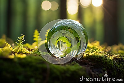 Green Earth. Forest Globe with Moss and Abstract Sunbeam - Earth Day, Environment, Conservation Stock Photo