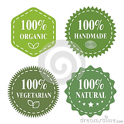 Green eco badges. Organic, handmade, vegetarian, natural Vector Illustration