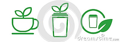 Green eco beverage cup glass leaves environmental friendly leaf symbol label Vector Illustration