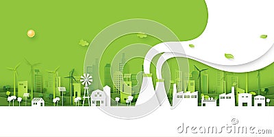 05.Green eco city paper art background Vector Illustration