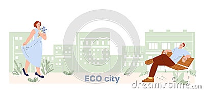 Green eco city vector concept. Young woman walking with flowers, man rest on bench. Ecology urban, new town style Vector Illustration