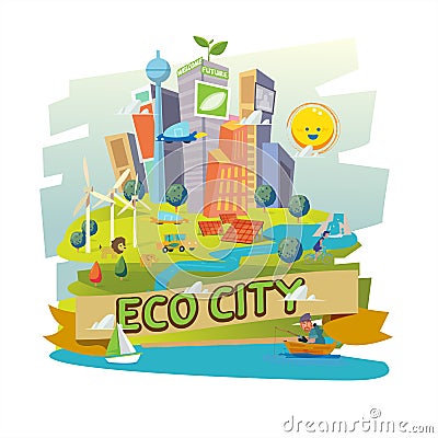 Green eco city, wind turbines and solar panels, concept for rene Vector Illustration