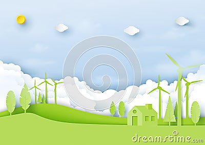 Green eco friendly environment and ecology concept paper art sty Vector Illustration