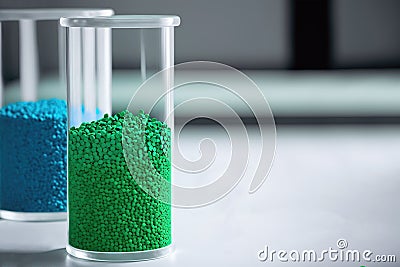 Green eco-friendly plastic granules in test tubes Stock Photo