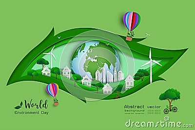 Green eco friendly save the world and environment concept,paper art and craft design with leaf shape Vector Illustration