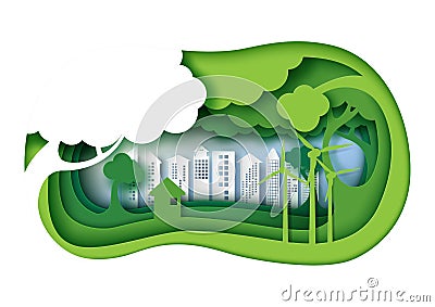 Green eco friendly urban city with 3d paper layer cut abstract n Vector Illustration