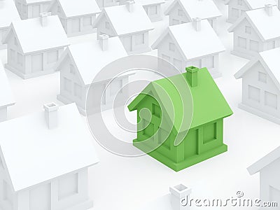 Green eco home among ordinary white houses (3D render) Stock Photo