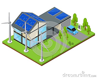 Green Eco House Isometric View. Vector Vector Illustration