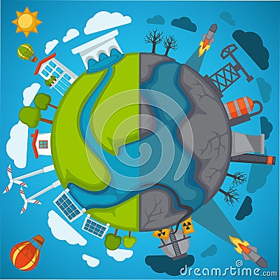 Green eco planet and environment pollution vector poster for save nature protection concept Vector Illustration