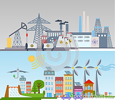 Green ecology city infographics background and elements. Solar cell wind energy. Vector Illustration