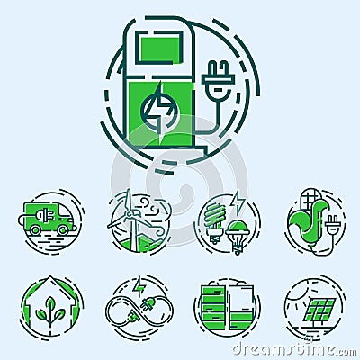 Green ecology energy conservation icons and outline style ecological world power vector illustration. Vector Illustration