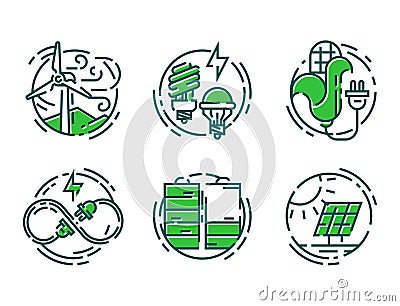 Green ecology energy conservation icons and outline style ecological world power vector illustration. Vector Illustration