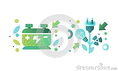 Green Ecology Flat Icon and Eco-friendly Environmental Symbol with Electric Plug and Accumulator Vector Set Vector Illustration