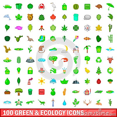 100 green and ecology icons set, cartoon style Vector Illustration