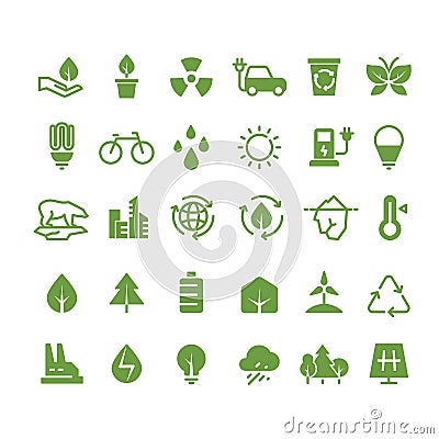 Green ecology vector icons. Clean environment, recycling process and renewable energy pictograms Vector Illustration