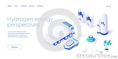 Green economy and renewable energy concept in isometric vector illustration. Hydrogen electric car and h2 fuel vehicle. Vector Illustration