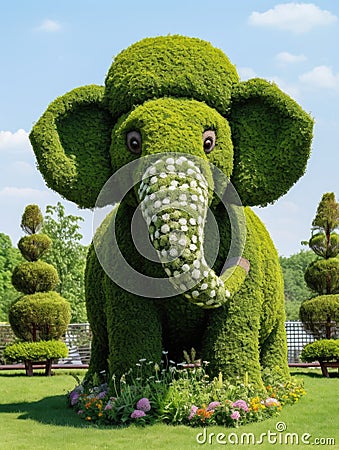 A green elephant made out of topiary plants, AI Stock Photo