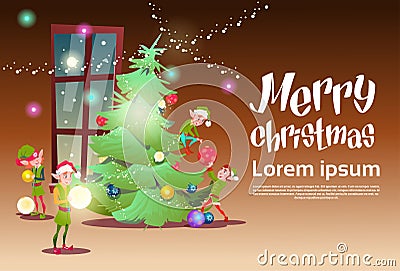 Green Elf Group Decorate Christmas Tree Greeting Card Decoration Happy New Year Banner Vector Illustration