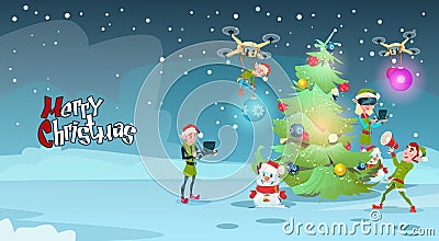 Green Elf Group Decoration Christmas Tree With Drone Wear Virtual Reality Glasses New Year Greeting Card Vector Illustration