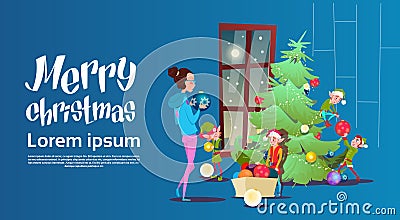 Green Elf Group With Woman Decorate Christmas Tree Greeting Card Decoration Happy New Year Banner Vector Illustration