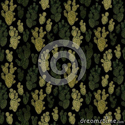 Green embroidery cacti from fabric, collage, seamless pattern, handmade Cartoon Illustration