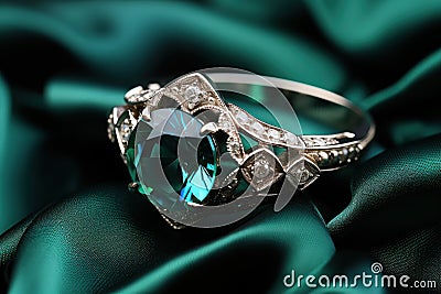 Green Emerald Fashion Engagement Diamond Ring on Green Satin Background. Stock Photo