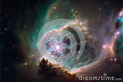Green nebula with stars. Fantasy galaxy generative AI background Stock Photo