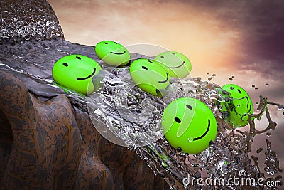 Green emojis fall from a waterfall at sunset magenta day demonstrating customer satisfaction rating failure concept. 3D. Stock Photo