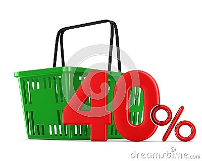 Green empty shopping basket and fourty percent on white background. Isolated 3d illustration Cartoon Illustration