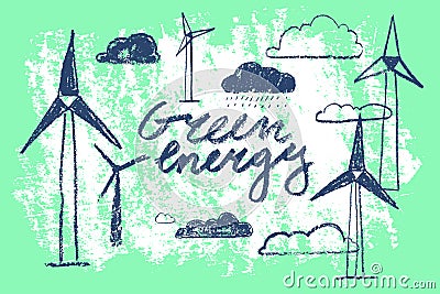 Vector illustration of wind turbine construction and wind farms. Vector Illustration