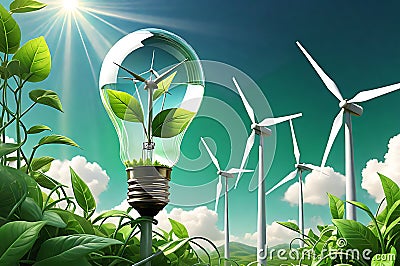 Green Energy Brilliance: Lightbulb Intricately Intertwined with Miniature Wind Turbines and Lush Greenery Inside, Symbolizing Stock Photo