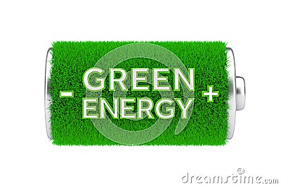 Green Energy Concept. Fully Charget Green Grass Battery with Green Energy Sign. 3d Rendering Stock Photo