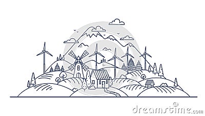 Green energy concept thin line vector illustration. Windmill and solar energy as an alternative electricity resource for Vector Illustration