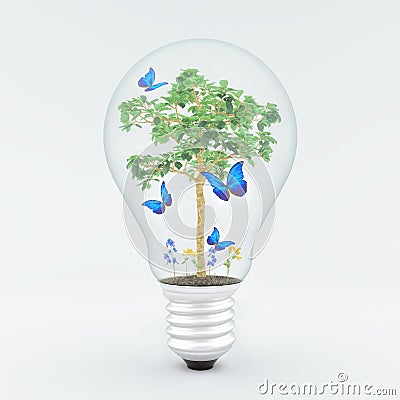 Green energy concept, tree inside light bulb 3d render Cartoon Illustration