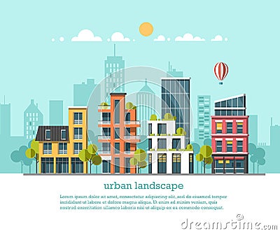 Green energy and eco friendly city. Modern architecture, buildings, hi-tech townhouses, cars, green roofs, skyscrapers Vector Illustration