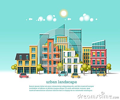 Green energy and eco friendly city. Modern architecture, buildings, hi-tech townhouses, cars, green roofs, skyscrapers Vector Illustration