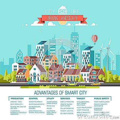 Green energy and eco friendly city. Modern architecture, buildings, hi-tech townhouses, green roofs, skyscrapers. Vector Illustration