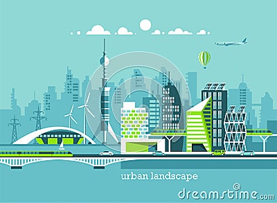 Green energy and eco friendly city. Modern architecture, buildings, skyscrapers. Flat vector illustration. Vector Illustration