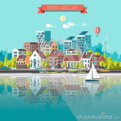 Green energy and eco friendly city. Modern architecture, buildings, skyscrapers. Flat vector illustration. Vector Illustration