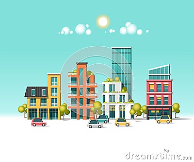 Green energy and eco friendly city. Modern architecture, buildings, skyscrapers. Flat vector illustration Vector Illustration