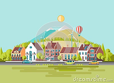 Green energy and eco friendly modern city. Traditional architecture landscape. Solar and wind power. Vector Illustration