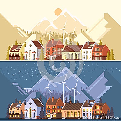 Green energy and eco friendly modern city. Traditional architecture landscape. Vector Illustration