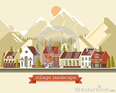 Green energy and eco friendly modern city. Traditional architecture landscape. Solar and wind power Vector Illustration