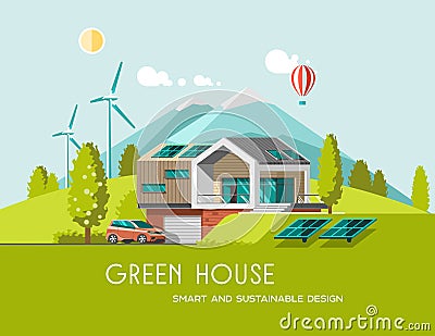 Green energy and eco friendly modern house on mountain landscape background. Solar, wind power. Vector Illustration