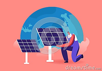 Green Energy, Global Warming and Environment Problems Concept. Man Set Up Solar Panel against Earth Globe Vector Illustration